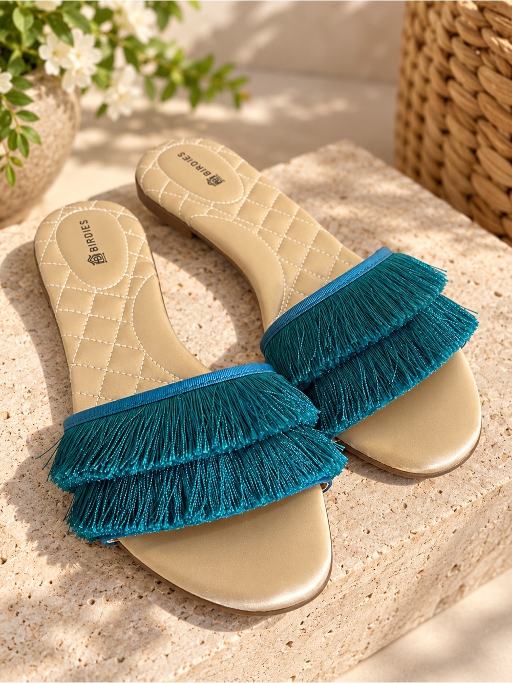 Birdies The Sparrow Azure Teal Fringe Satin Slide Sandals Size 7 old money